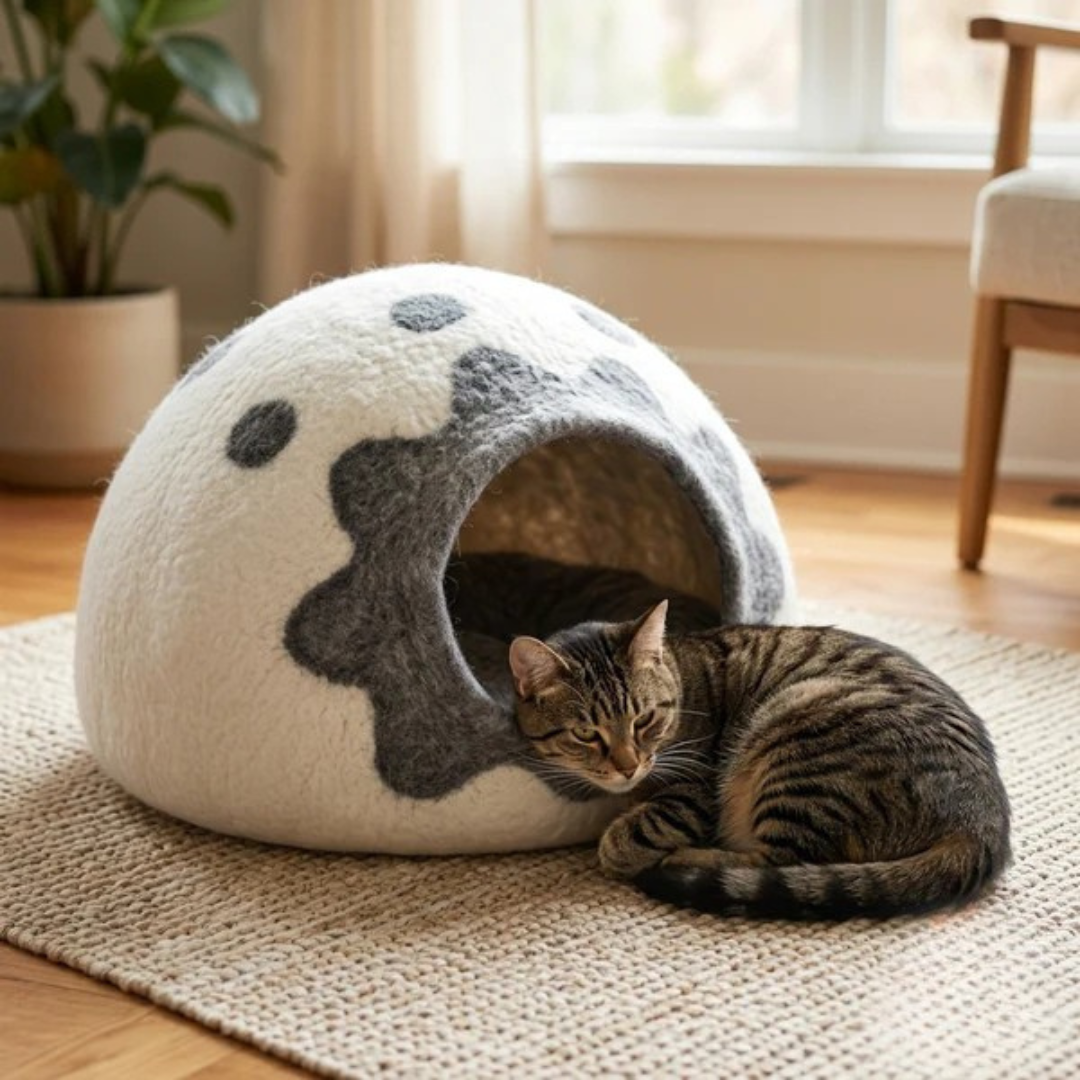 Lavender Paw Wool Felt Cat Cave Bed by PawFur — soft lavender handmade cat hideaway