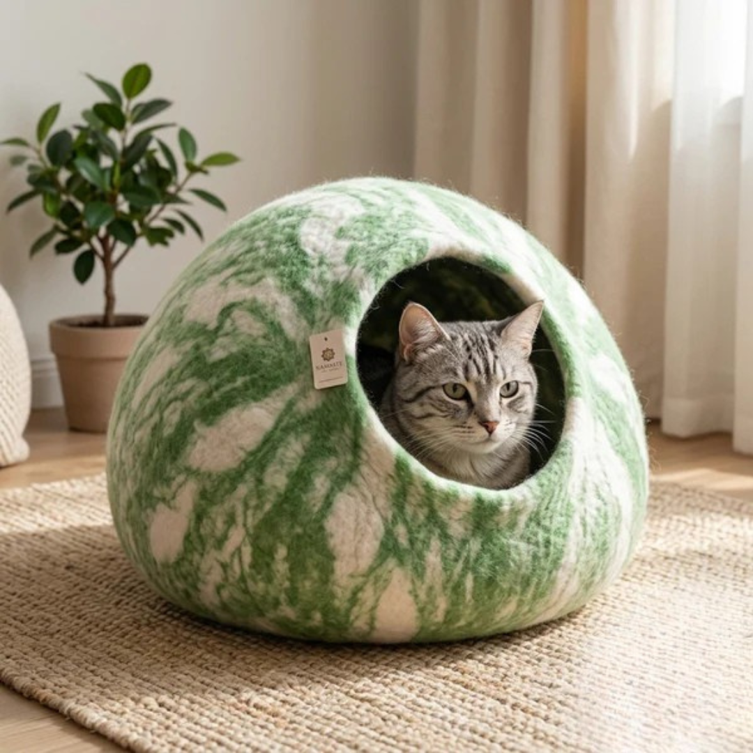 Green Marble Wool Cat Cave Bed