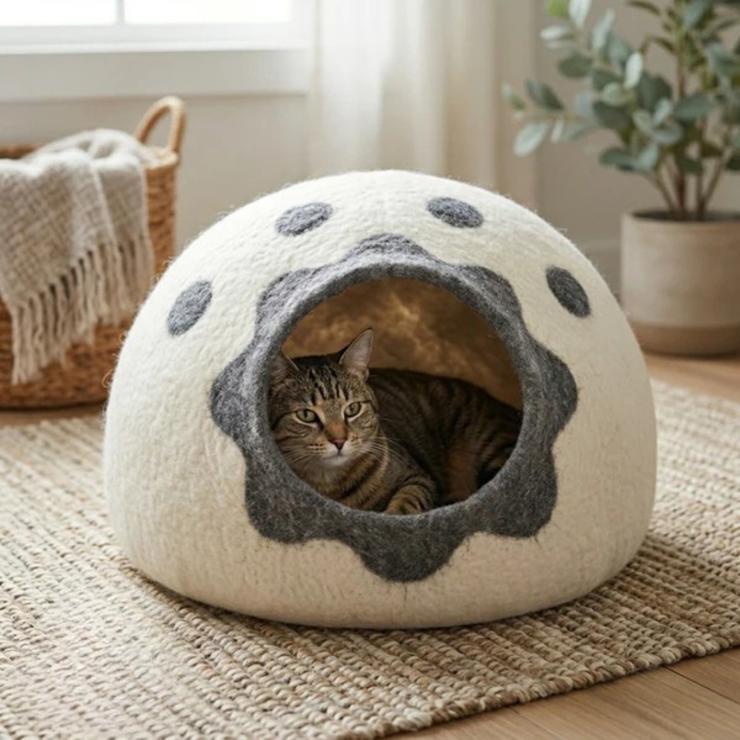 Interior view of PawFur Lavender Paw cat cave showing roomy felt interior