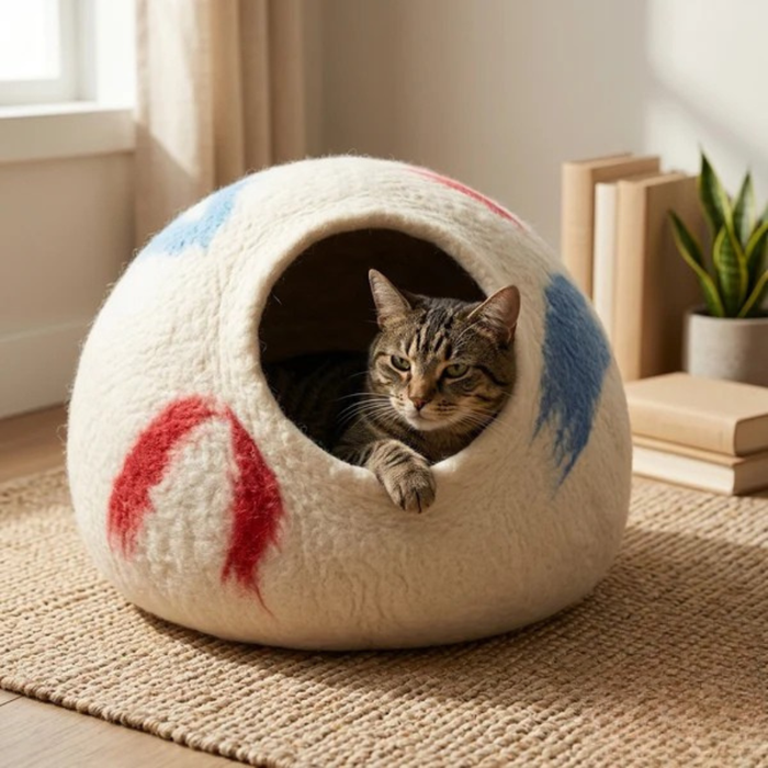 Cream Brushstroke Wool Cat Cave Bed