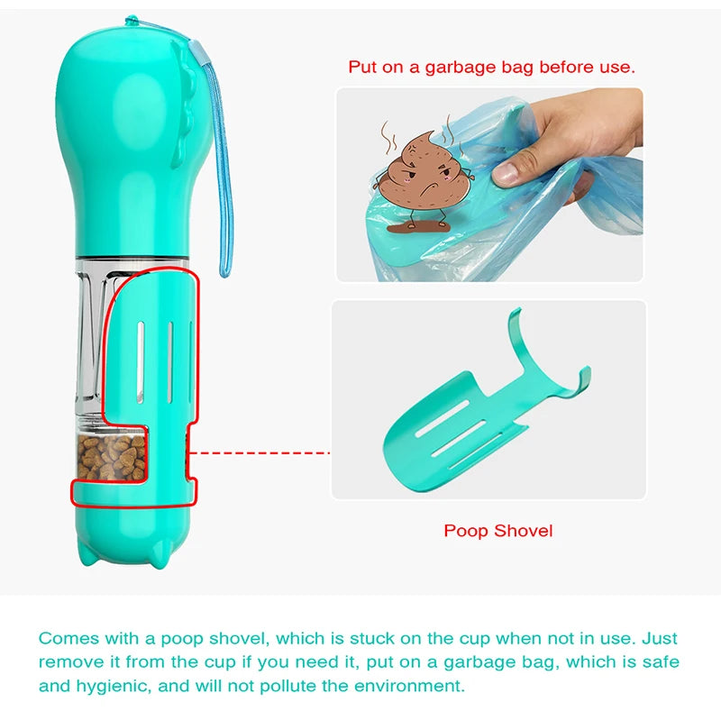 Portable Cat Dog Water Bottle and Food Feeder with Poop Dispenser (3 In 1)